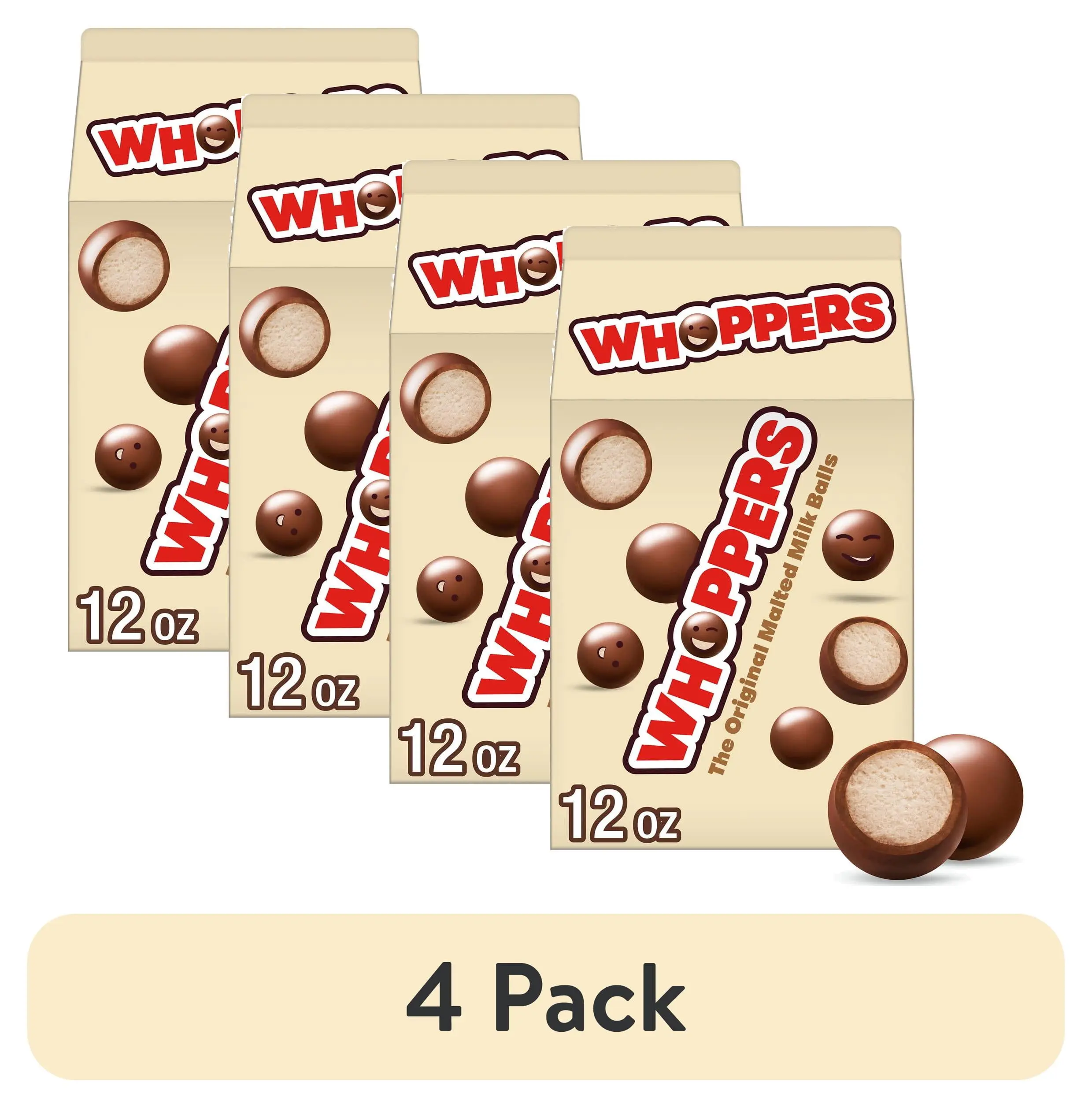 (4 pack) Whoppers Malted Milk Balls Candy, Carton 12 oz