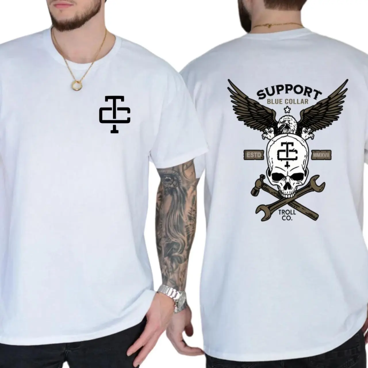 Troll Co. Support Blue Collar T-Shirt, Patriotic Eagle Skull Graphic Tee, Vintage Tradesman Workwear Shirt, Gift for Hardworking Men