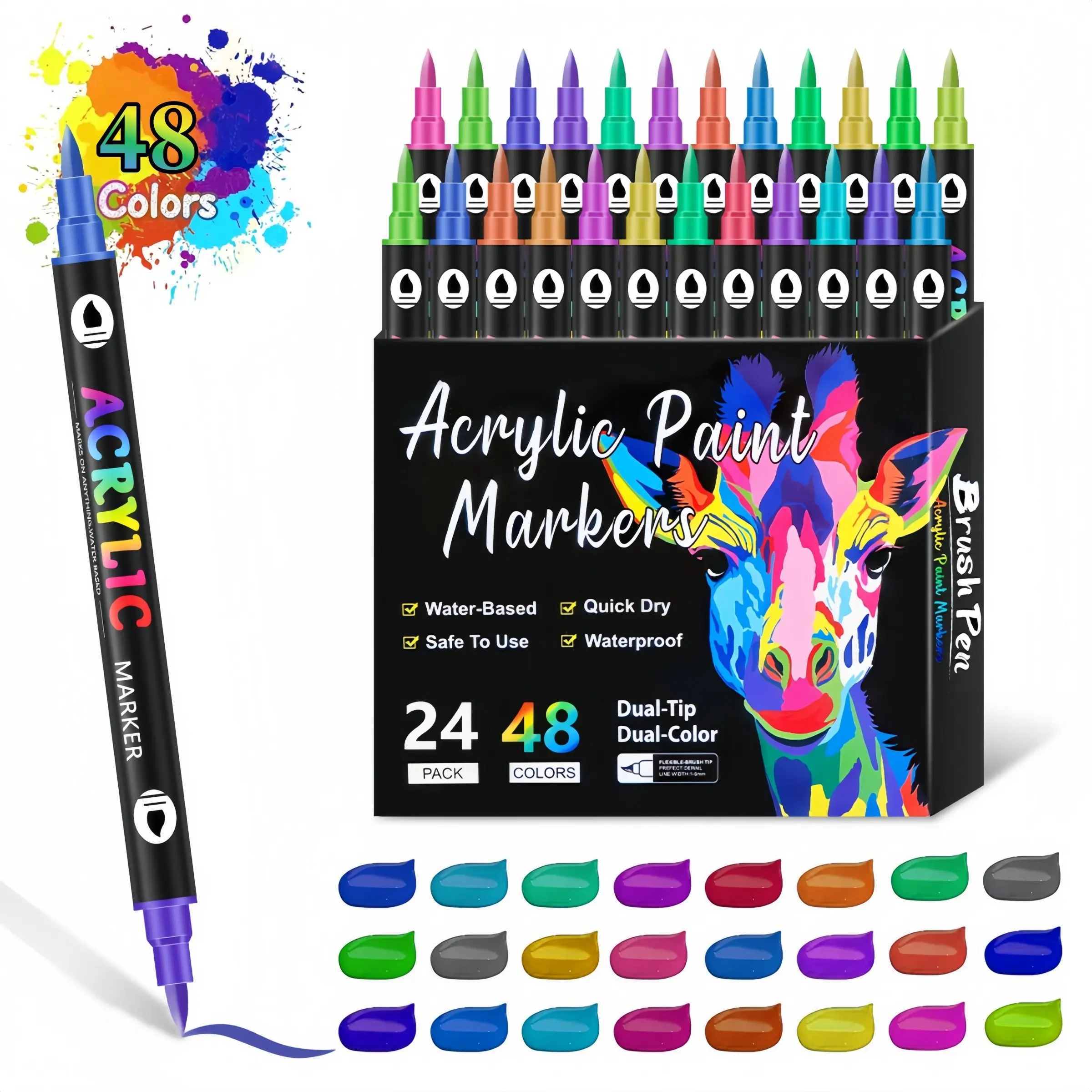 48 Color Dual Tip Acrylic Markers Set, 24 DIY Doodle Pens, Drawing Stationery Kit, Ideal for Daily Painting and Marking, Acrylic Brush Marker, Art Markers Pen