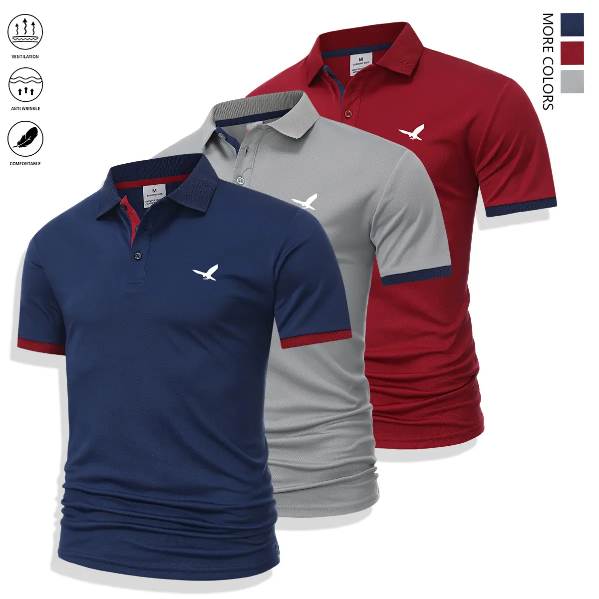 Men's 3-Piece Polo Shirts Set - Menswear Short-Sleeve Tops, Soaring Eagle Emblem, Breathable Moisture-Wicking Polyester Fabric, Classic Button Design, Suitable for Casual-Business Summer Wear