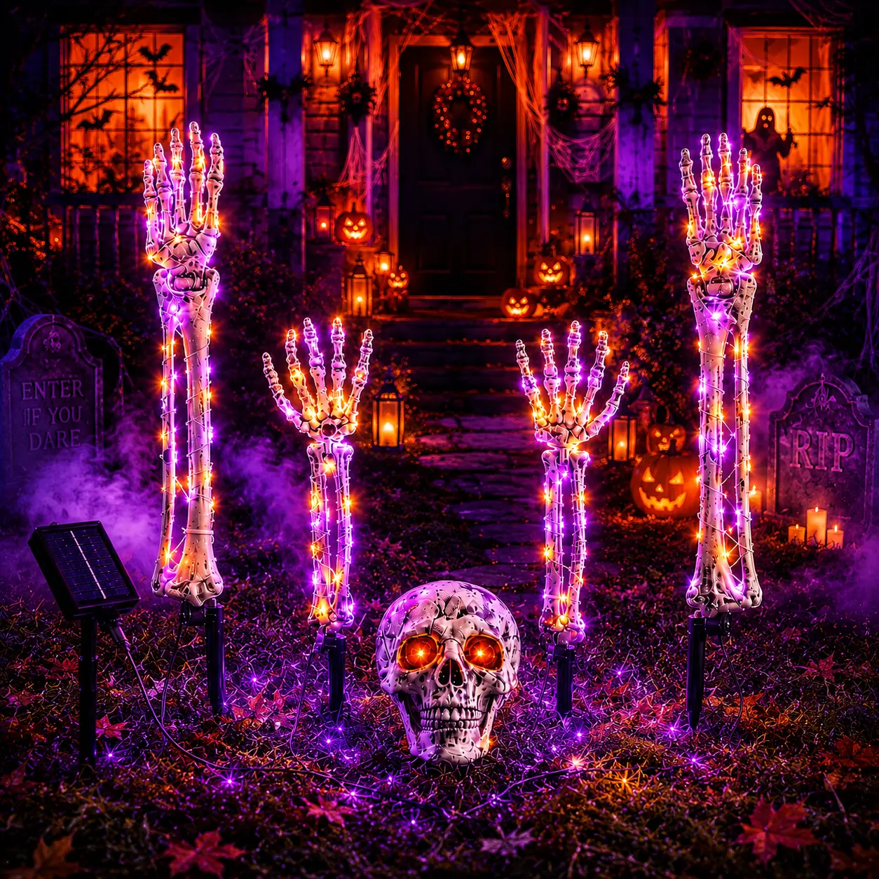 5-Piece Solar-Powered Halloween Skeleton Hand Stake Lights, LED Bone Hand Garden Decor Lights, Spooky Cemetery and Haunted House Ambience Lights, Waterproof Landscape Lighting, Perfect for Halloween, Gardens, Parties, and Holiday Decorations.