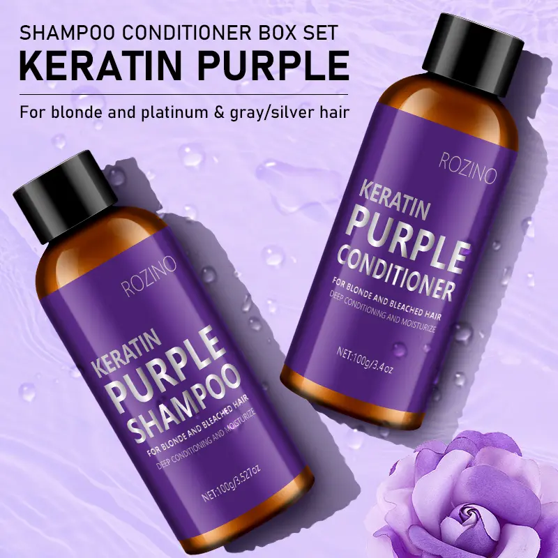 Rozino Keratin Purple Shampoo & Conditioner Set for Blonde Platinum & Gray Silver Hair Repair Nourishment Treatment Eliminates Yellow Tones Deeply Conditions Without Compromising Color
