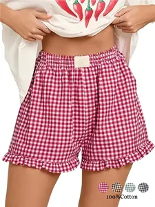 Women's Plaid Shorts Fashion Chic Casual Elastic Waist Pocket Sleepwear Full Cotton Breathable Versatile Loose Fit Short Pants Y2K Girl Leisure Shorts Womenswear