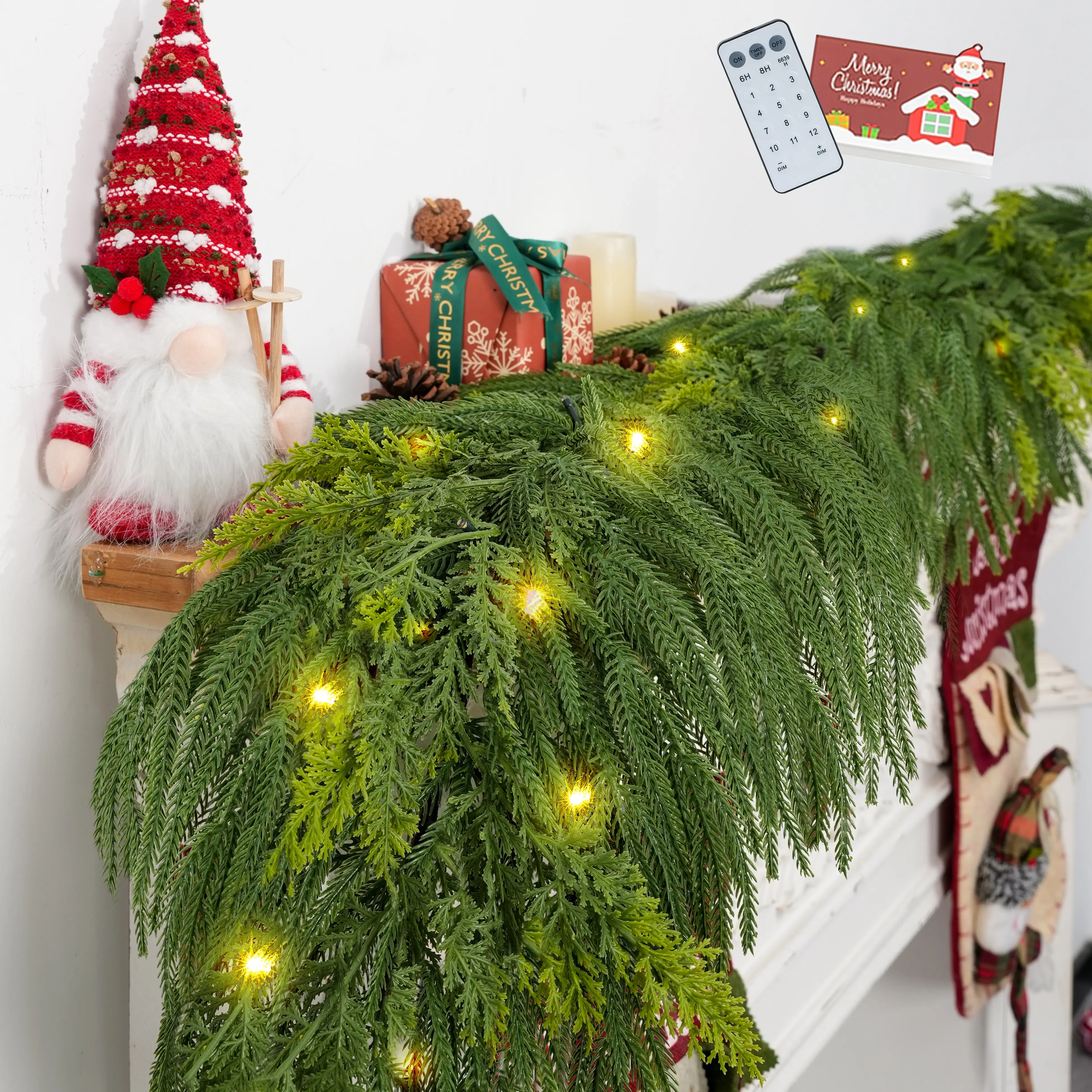 Pre-Lit Norfolk Pine Christmas Garland with LED Lighting, Festive Decorations Ornaments - 6ft, Remote Control Timer, 30 LEDs, 12 Modes, Natural Look for Fireplace Stairs Door Table