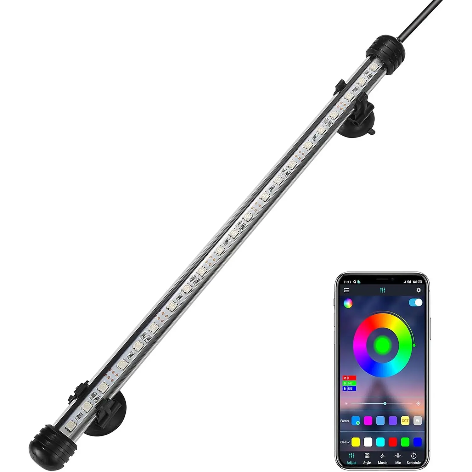 15-Inch Waterproof LED Fish Tank Aquarium Light Strip Spotlight for Fish/Turtle, Single Unit with APP Control, Acrylic Tube Compatible, RGB Gradient, Safe Low-Voltage, Dry Before Clean