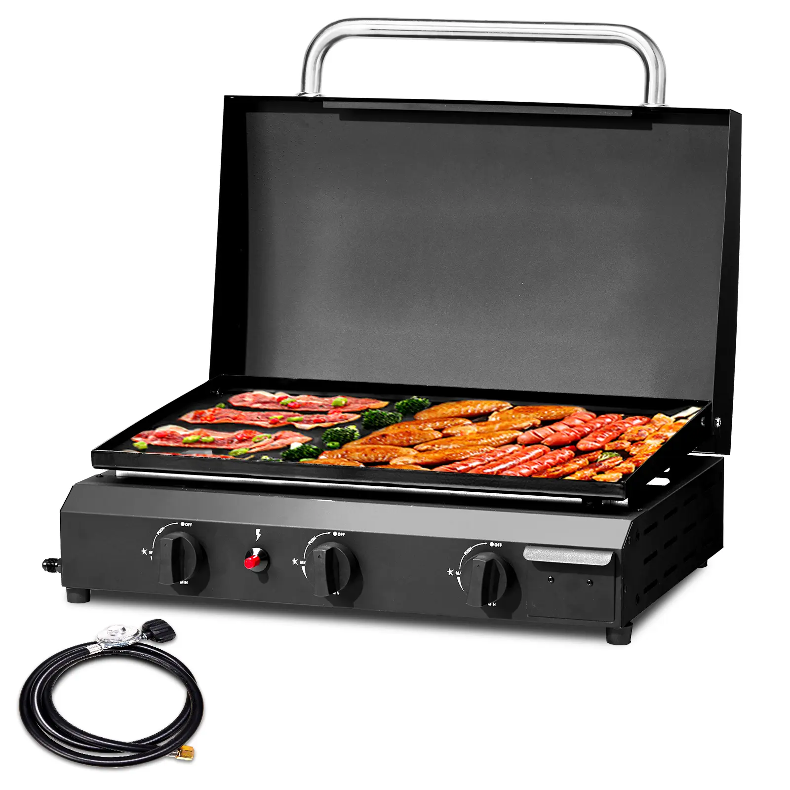 3-Burner Flat Top Gas Griddle Cooking Station with Ceramic Coated Cast Iron Pan, 30,000 BTU Propane Fuelled Griddle Station  for Outdoor Barbecue Backyard Cookout Set Grill