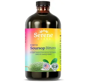 Serene Herbs Soursop Bitters Liquid with Soursop Leaves for Gut Cleanse, Detox & Immune Boost with Black Seed, Moringa, Irish Moss, Ashwaganda, Turmeric, 16 fl oz (16 Fl, Soursop)