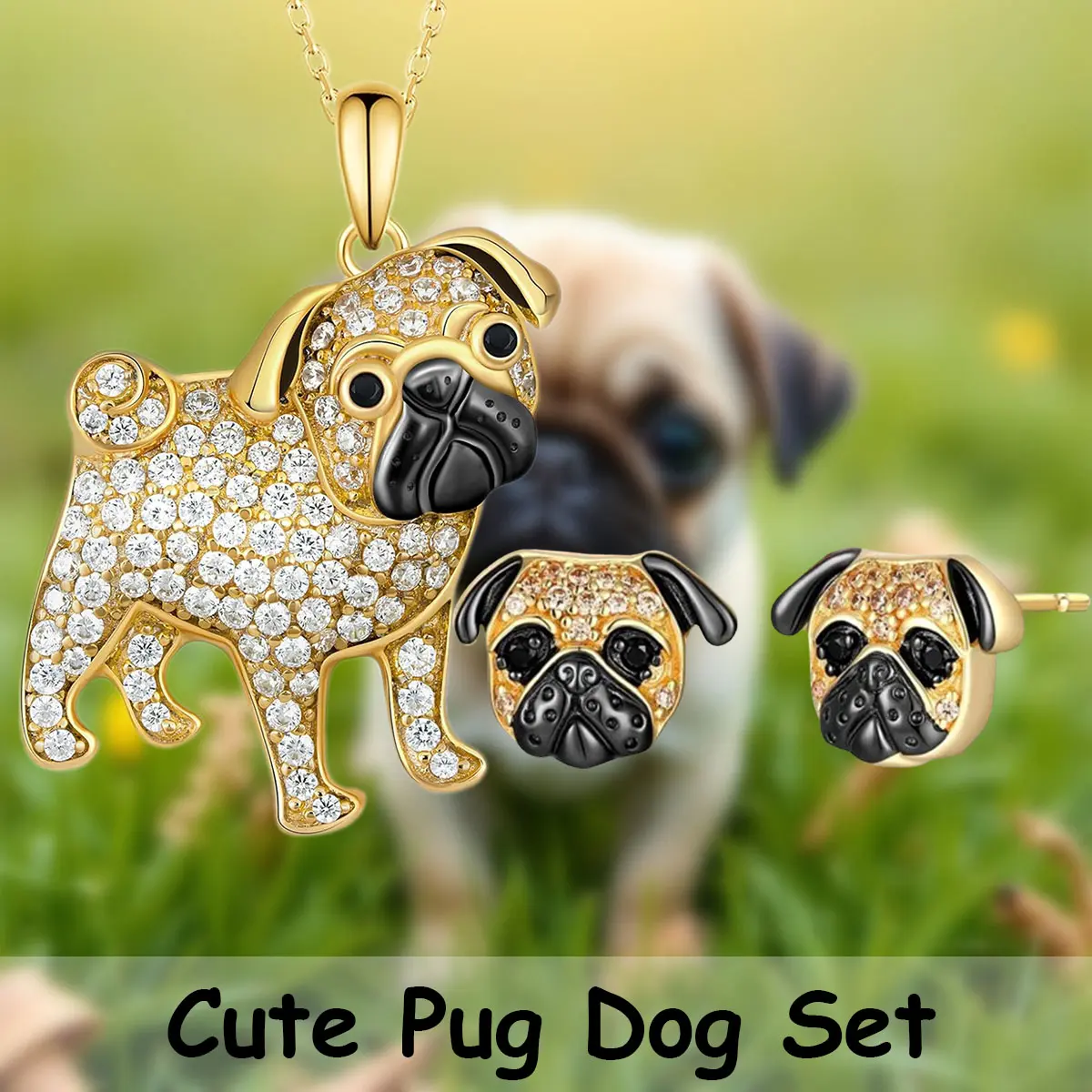 Women's 3-Piece Pug Alloy Pendant Necklace & Matching Earrings Jewelry Set - Stylish Daily Wear Costume Accessory, Gift for Pet Lovers on Birthday, Christmas, Cute, Animals, Jewelry For Her, Perfect Party, Unisex, Casual, Adorable Cute Pug
