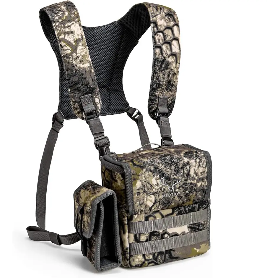 MOXULE Binocular Harness Chest Pack - Durable Water-Resistant Camouflage Bino Case for Hunting, Hiking, Birds with Magnetic Closure, Detachable Rangefinder Pouch, Adjustable Straps, Built-In Organizer, Hiking Accessories, Backpacking Gear