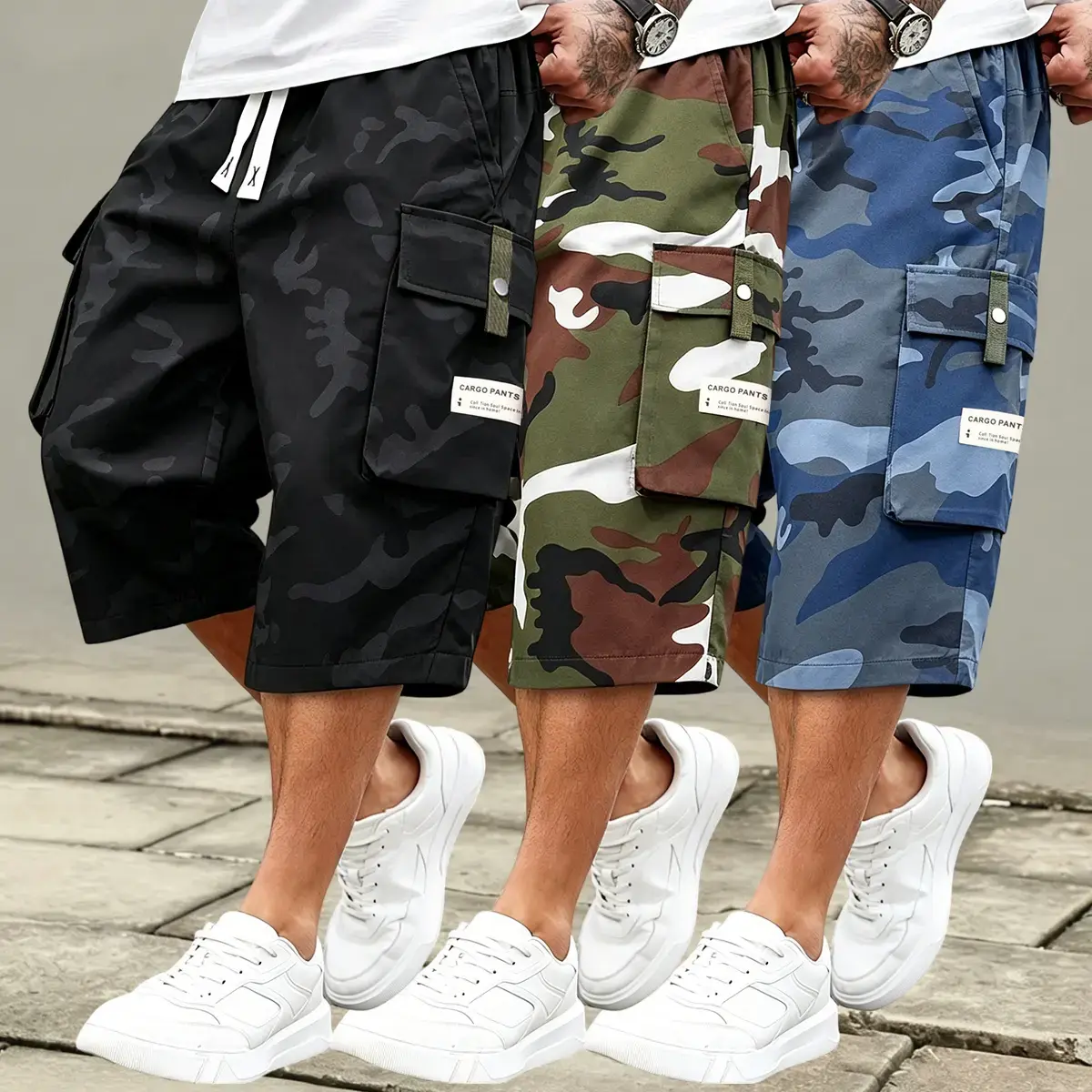 Men's 3-Pack Baggy Cargo Shorts, Lightweight Camouflage Print Athleisure Shorts with Multiple Pockets and a Drawstring Waist for Outdoor Hiking, Lightweight Athleisure Shorts, Outdoor Casual Shorts