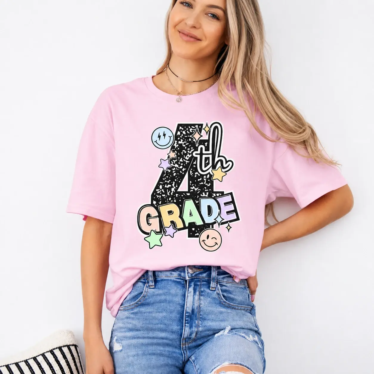 4th Grade Shirt for Kids, Fourth Grade Back to School T-Shirt with Bold 4th Grade Text, Smiley Faces, Stars, Sparkle Pastel Doodle Design for First Day of School Student Tee