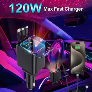 [Father’s Day Gift] Ultra Fast Charger,120W Max, Upgrate Car Charger Station: Suitible for All Devices, 3 Cables + 4 Ports, Includes Real-time Voltage Monitor & RGB Lights. The Perfect Road Trip Essential to Declutter Your Console!