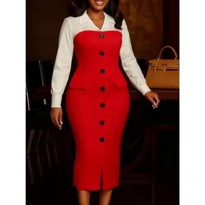 D600 Women's Autumn Winter Formal Long Sleeve Suit Collar Spliced Bodycon Pencil Dress in Khaki & White Minimalist Chic Design Elegant Fit Workwear Womenswear