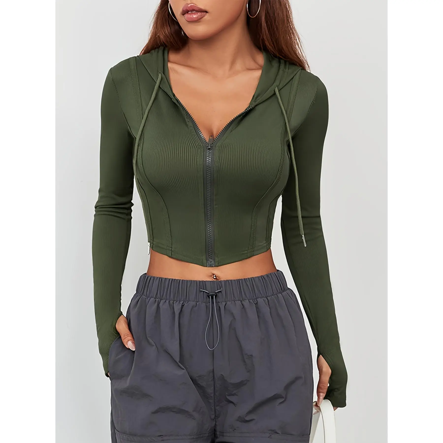 Women's Vintage Knit Zip Hoodie, Slim-Fitting High Stretch Solid Crop Top for Yoga and Workouts, Skinny, Knit Fabric, Elastane, Do Not Dry Clean, Drawstring, Polyester, Sporty Chic, Clothes, Female, Machine Washable, Long Sleeve