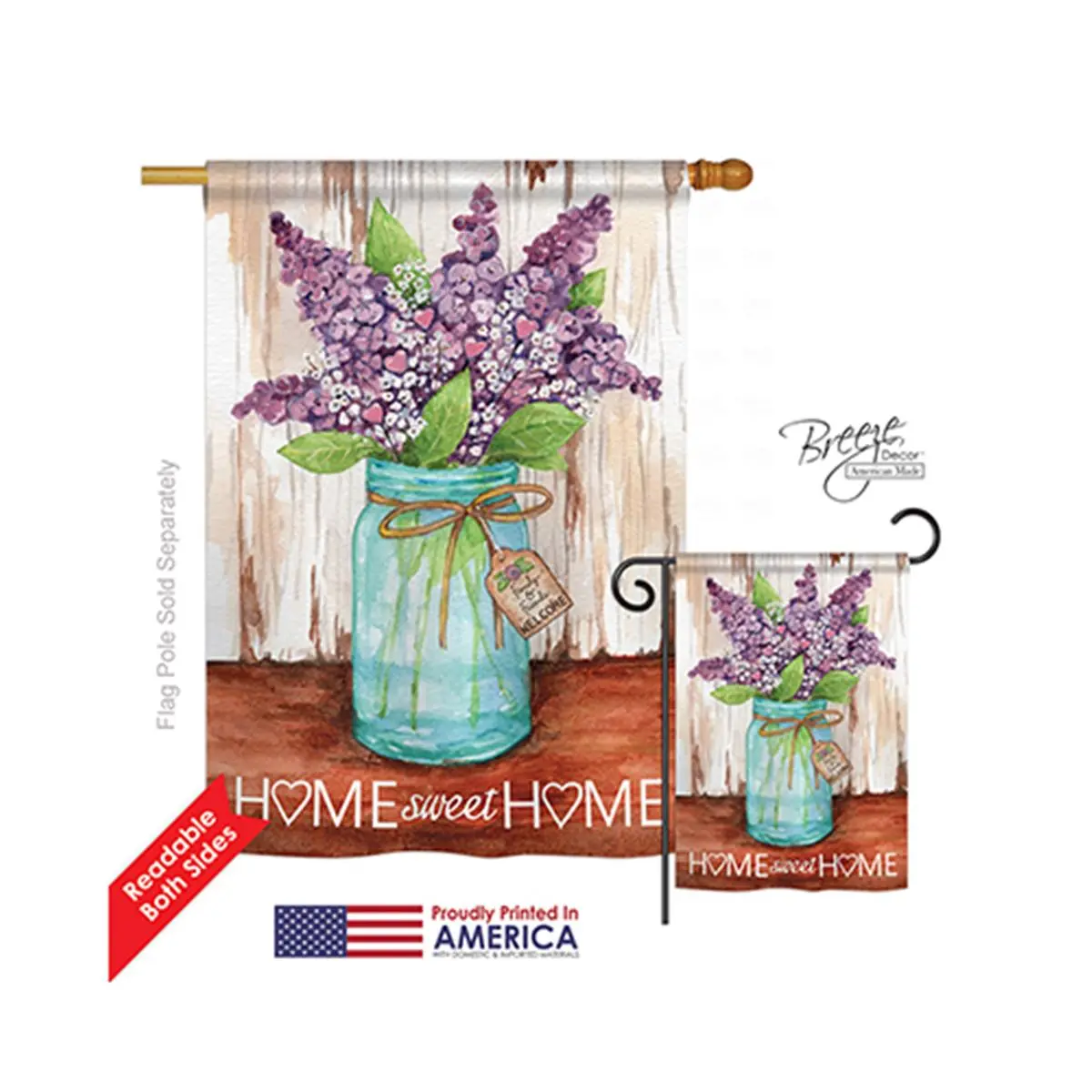 212 MAIN Welcome Lilacs Home Sweet Home Jar House Flag, 2-Sided Vertical Hang, 28x40 in, Breeze Decor 00065 Vertical Impression Outdoor Flag for Boating & Water Sports