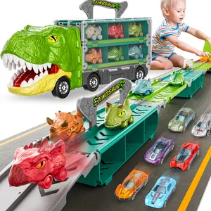 FUNWEE Dinosaur Truck Toys Princess Car Unicorn Car for Birthday Gift Idea 2 Player Race Mode Transport Carrier Toddler Toys for Kids 63 Inch Foldable Race Track with 6 Dino Cars & 6 Die-cast Cars Durable Safety Kids Christmas Gifts