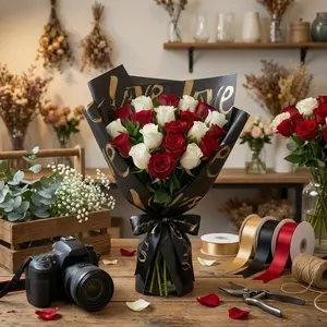 19 Sheets High-End Love Flower Wrapping Paper, Artistic Font Packaging, Florist Professional Bouquet Material, Holiday Gift Wrap