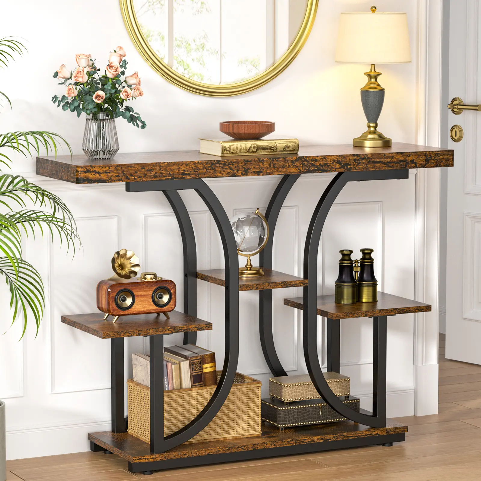 42.5" Console Table, Industrial 4-Tier Sofa Table Entryway Table with Curved Base, Narrow Wood Accent Tables with Storage Shelves for Living Room, Hallway, Foyer, Rustic Brown