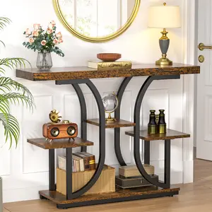 42.5" Console Table, Industrial 4-Tier Sofa Table Entryway Table with Curved Base, Narrow Wood Accent Tables with Storage Shelves for Living Room, Hallway, Foyer, Rustic Brown