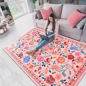 Pink Flannel Non-slip Area Rug, Washable Bohemian Vintage Short Pile Printed Area Rug for Living Room, Bedroom, Kids Room, Playroom, Dining Room, Home Office, Farmhouse and Other Home Decor, 4x6, 5x8, 6x9 Feet