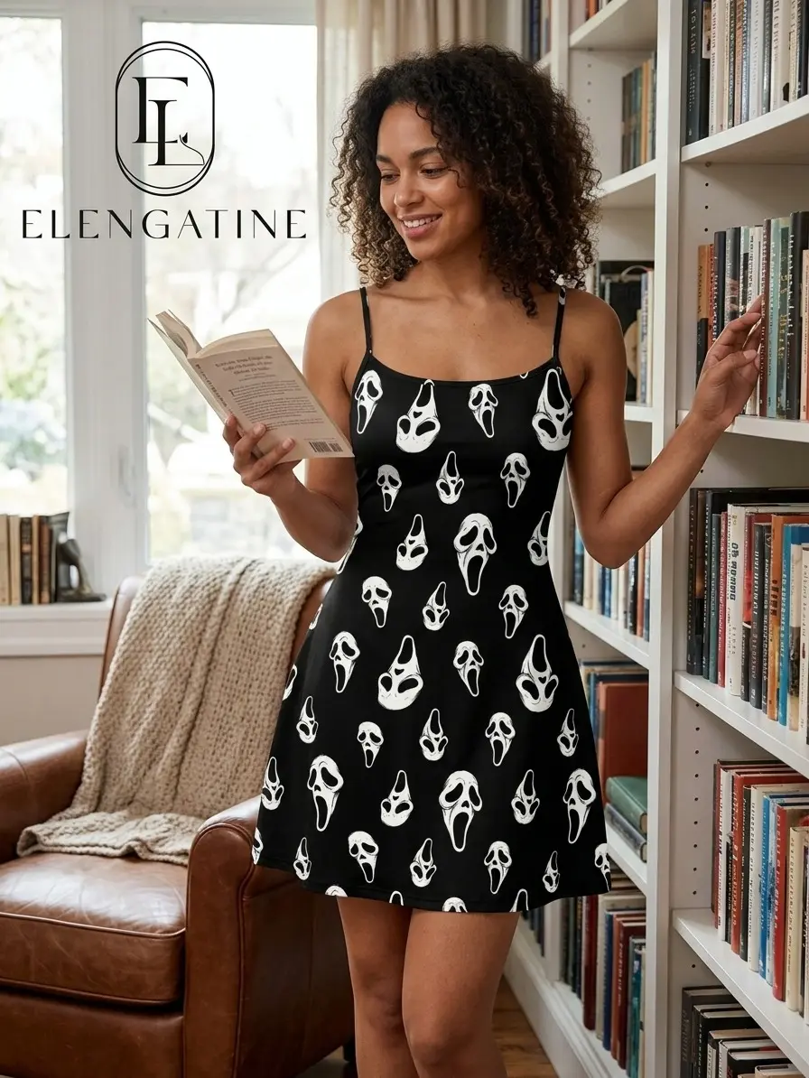 Elengatine Women Gothic Skeleton Print Mini Dress, Casual Spaghetti Strap A-Line Sundress with Horror Graphic, Soft Breathable Sleeveless One Piece, Summer Streetwear & Music Festival Outfit, Relaxed Fit Lounge Wear, Stylish Baddie Aesthetic Dress ！