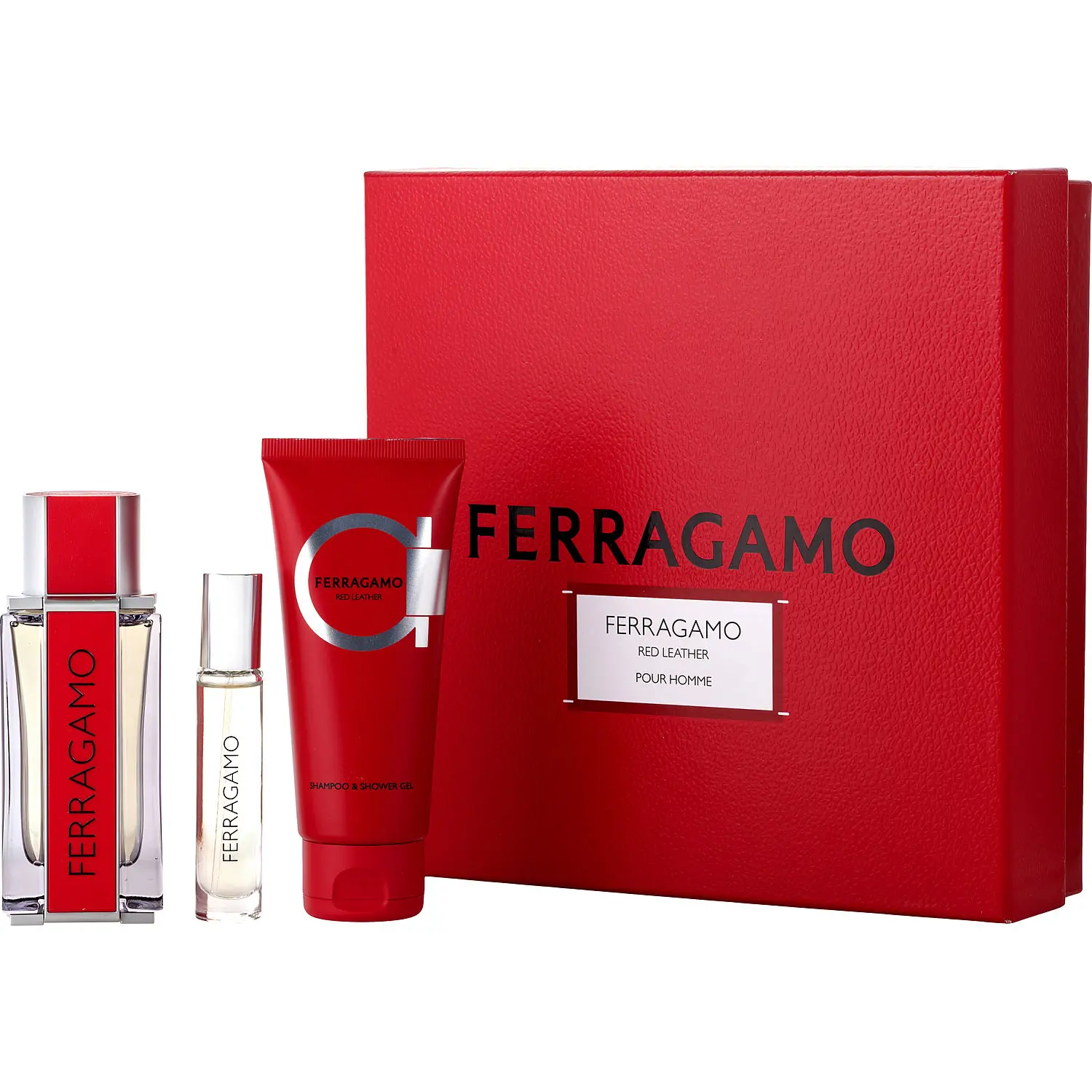 Ferragamo Red Leather Set-Eau De Parfum Spray 3.4 Oz & Shower Gel 3.4 Oz & Eau De Parfum Spray 0.34 Oz Mini For Men