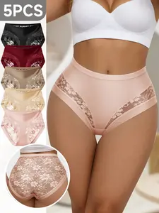 QUASTI 5-Piece Mid Waist Lace Patchwork Semi-Sheer Women's Underwear Sexy & Practical Basic Invisible Lightweight Skin Friendly Soft Comfortable Sweet Seamless Anti Roll Edge Elegant Minimalist Underwear S-XXL