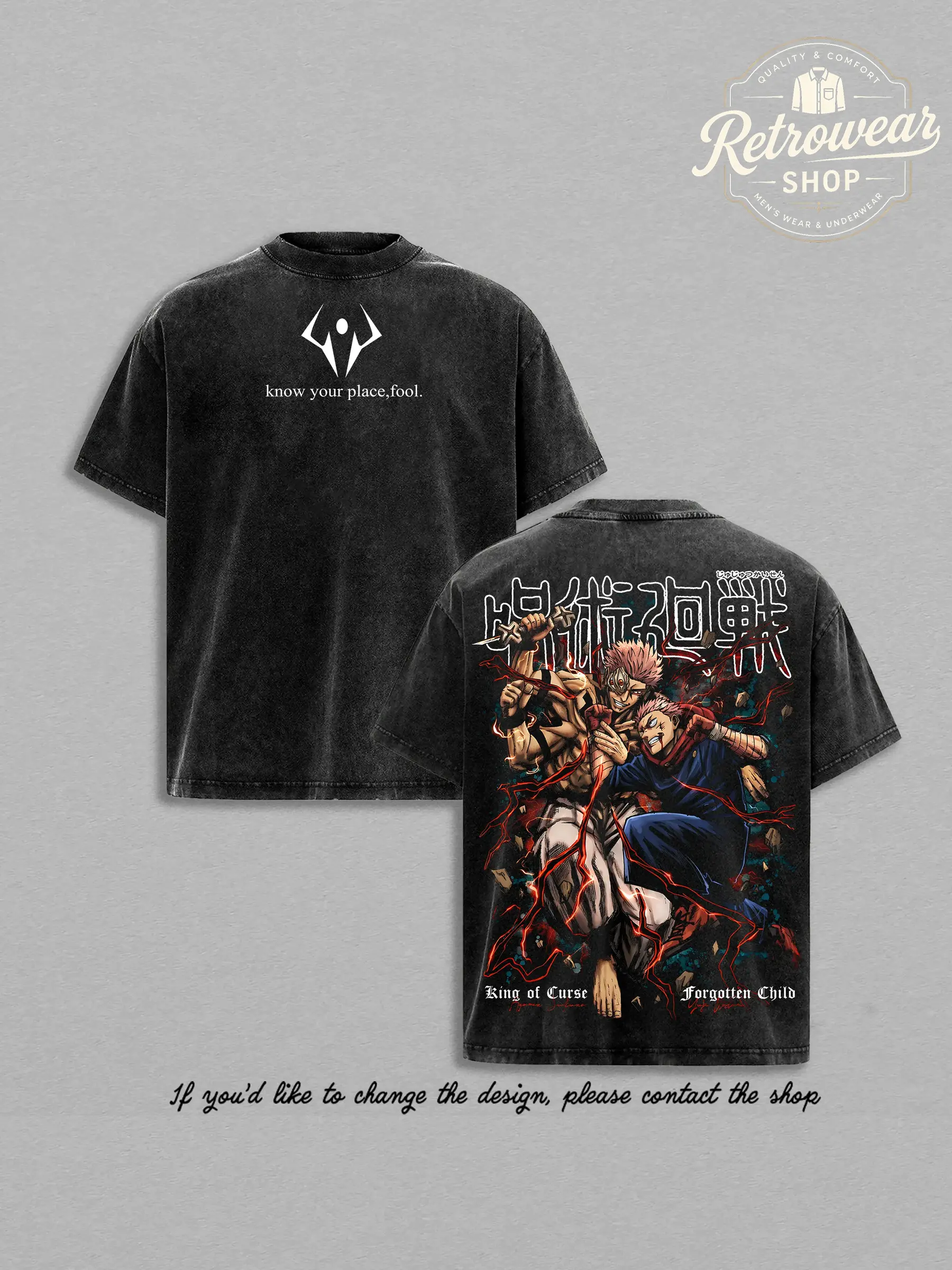 Men's Jujutsu Kaisen Short-Sleeve T-Shirt - Oversized Baggy Menswear Streetwear Top with Retro Yuji & Sukuna Graphic Print, Pre-Washed Heavyweight Cotton, Shoulder Tape