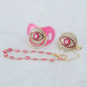 Luxury Pink Baby Pacifier with Crystal Rhinestones and Chain Clip – Stylish & Protective Baby Accessory chupetes
