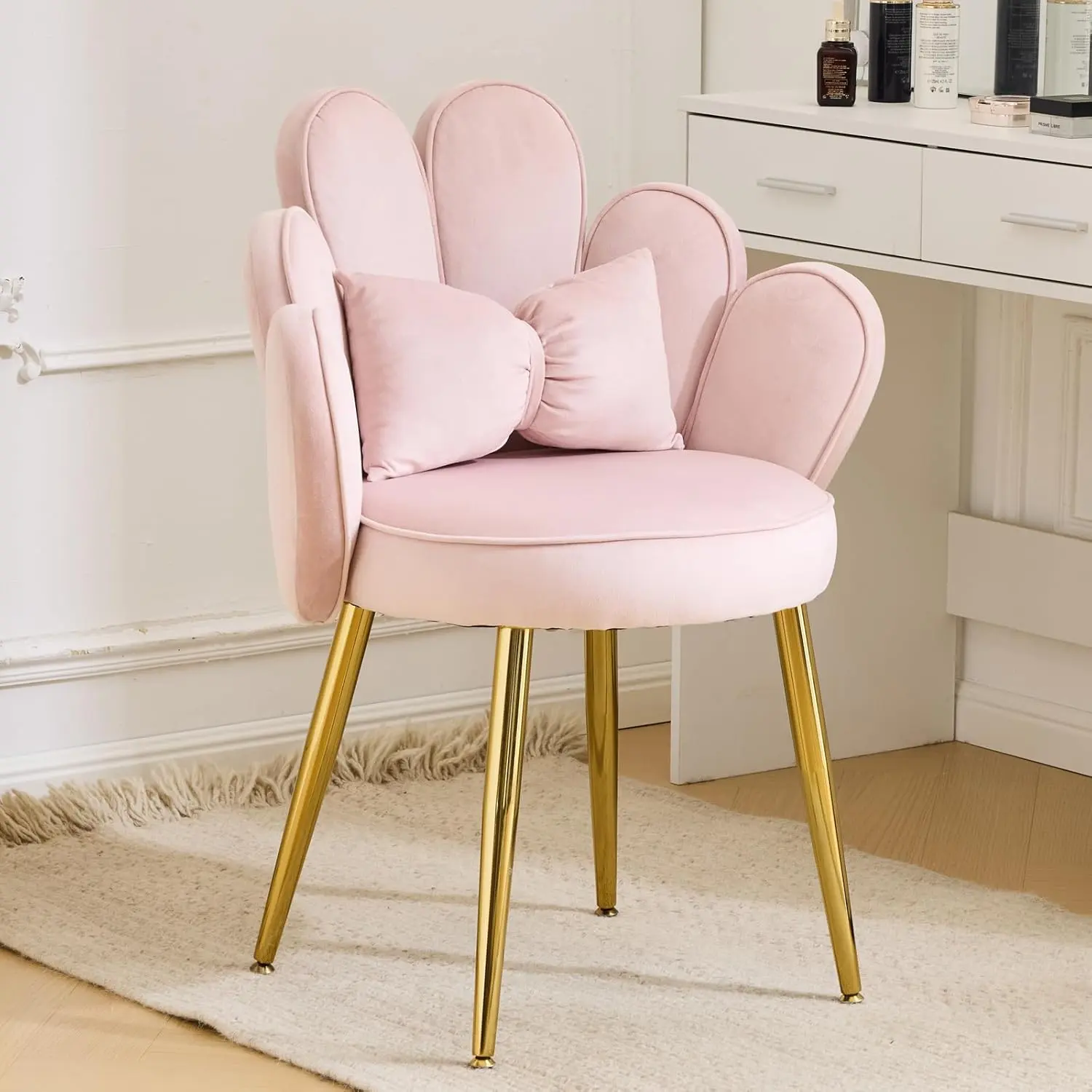Dressing Table Chair with Petal Backrest, Living Room Armchair, Dressing Chair, Modern Dining Room Chair with Adjustable Gold Legs & Bow Cushion for Bedroom, Home Office