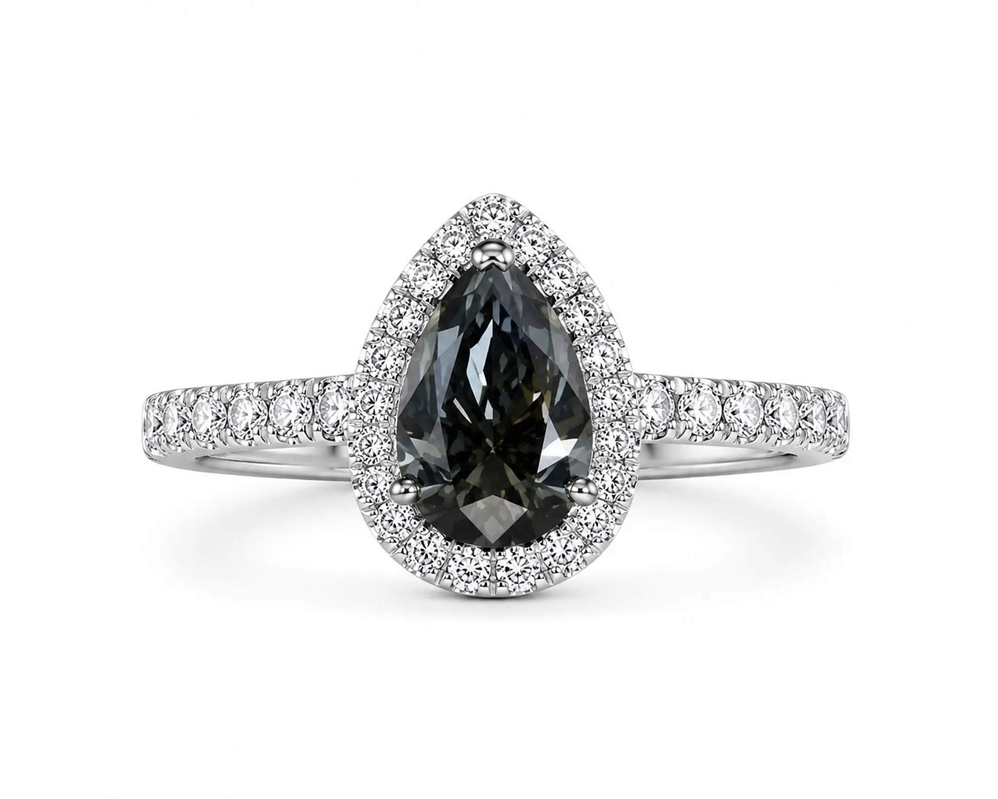 925 Sterling Silver Gray Moissanite 2.42 TCW Pear Cut Halo Engagement Ring