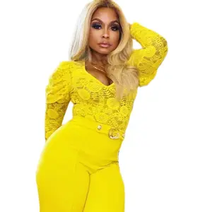 Lace Yellow Bodysuit for Women - Long Sleeves Top with Lace Detail & Matching Pants - Womenswear & Top in Yellow