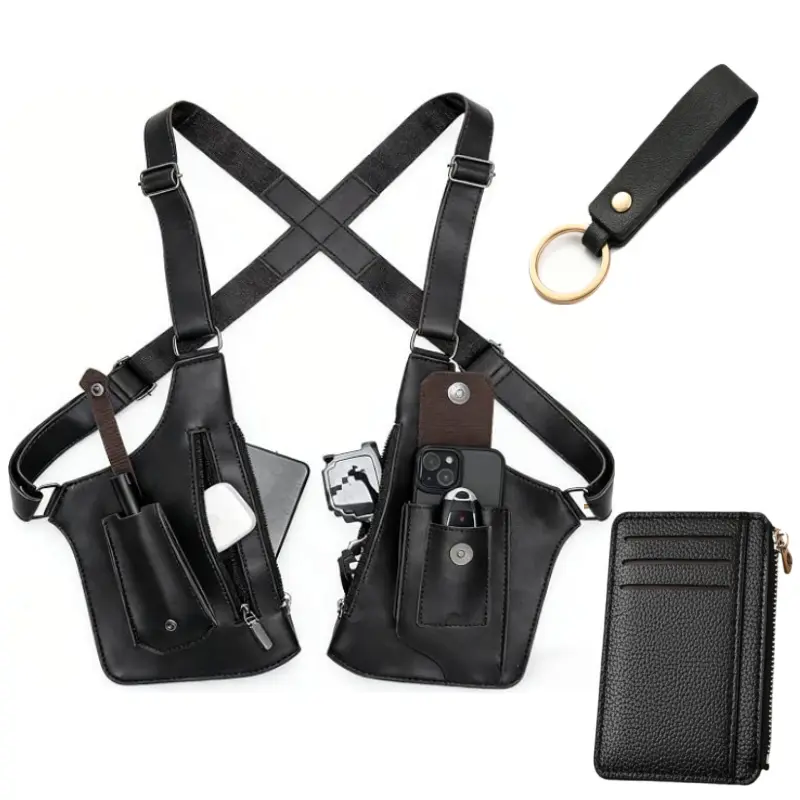 Men's Leather Shoulder Holster Chest Bag Set, Adjustable Cross Body Harness Chest Rig Pack with Card Wallet & Key Fob, Multi Pocket Underarm Concealed Carry Bag for Motorcycle Riding Outdoor Travel Daily Work