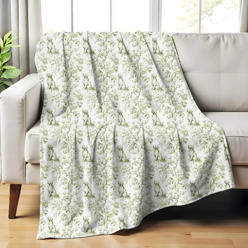 Modern Golden Retriever French Toile Velveteen Blue Toile de Jouy Cozy Plush Throw Blanket, Gift for Dog Lovers