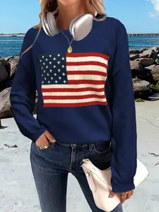 Women's Casual American Flag Knitted Sweater Fashion Autumn Winter Knitwear Long Sleeve Crewneck Tops Blue Ethnic