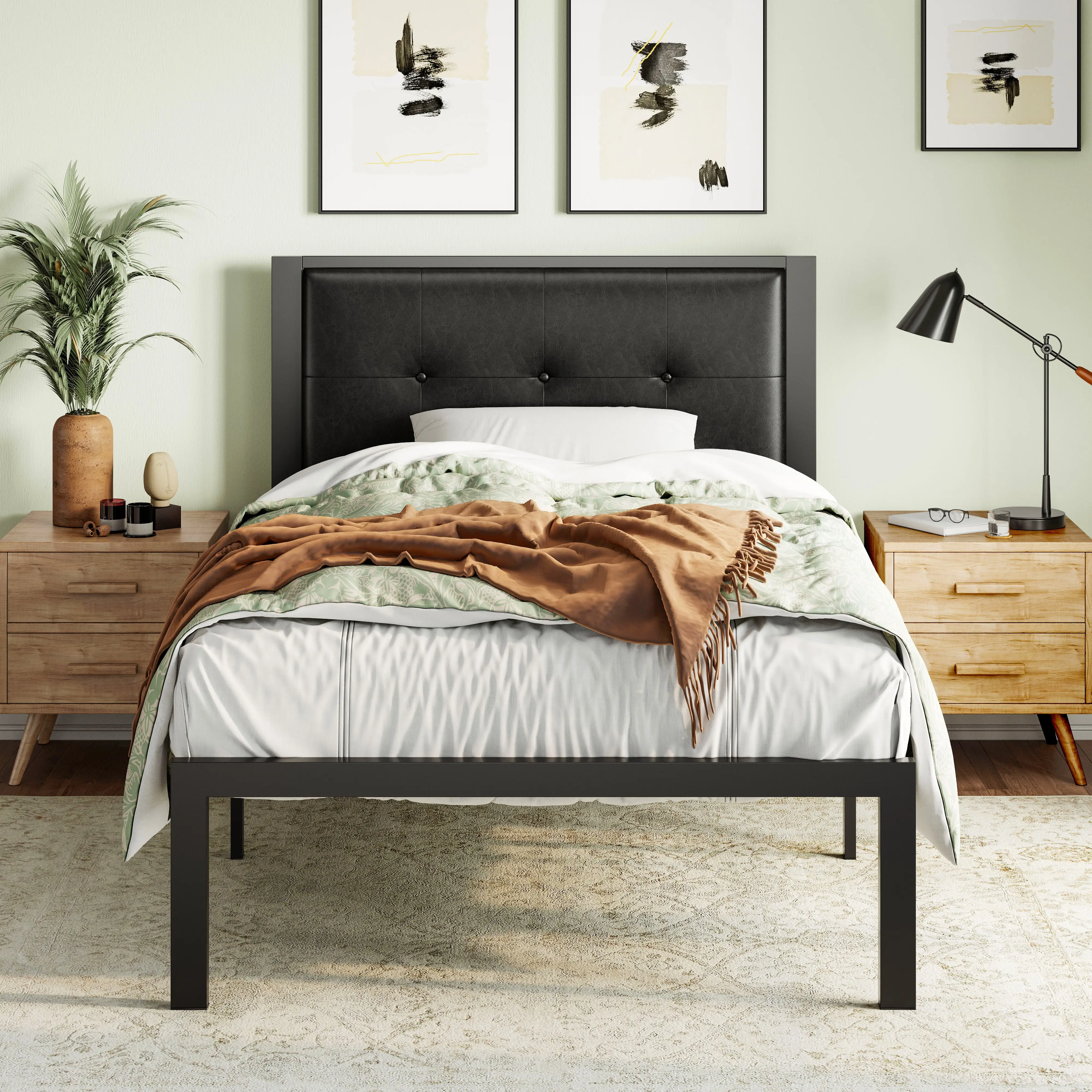 MUTICOR Twin/Full/Queen/King Size Bed Frame with Upholstered Headboard, 【Frame Only No Mattress】Button Tufted Square Stitched Headboard,No Box Spring