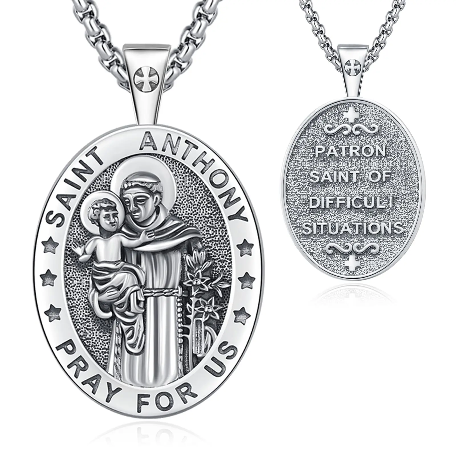 DRINSPER 925 Sterling Silver Saint Anthony Amulet for Men, Religious Patron Saint Jewelry, Engraved Silver Necklaces & Pendants for All Seasons
