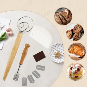 1Set Danish Dough Whisk with Dough Scraper Bread Lame with Blades and Leather Cover Bread Whisk Bread Mixer Stainless Steel Bread Dough Whisk Hand Mixer for Sourdough, Pizza, Pastry, Cake