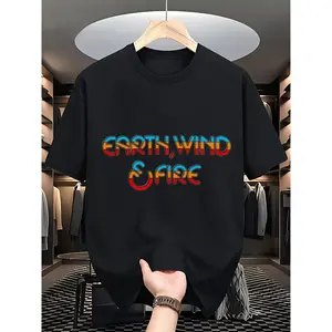 Men's Unisex Crewneck T-Shirt - Vibrant 'EARTH, WIND & FIRE' Print, Soft Breathable Washed Cotton Fabric, Stylish Casual Fit Top, Ideal for Music Lovers & Spring-Summer Commuter Outings