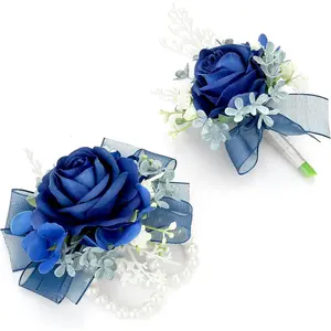 Corsage Wristlet and Boutonniere Set Blue Wrist Corsage Double Pearl Bracelets Blue Pocket Boutonniere for Men Wedding Prom Party Suit Decor (2 Pack)
