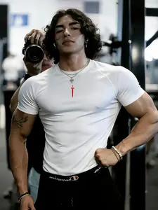 Men's New Fitness Short Sleeve Sword Print Trendy T-Shirt, High Elasticity Tight Fit Quick-Dry Sports Cycling Shirt, Men's Fashion Top