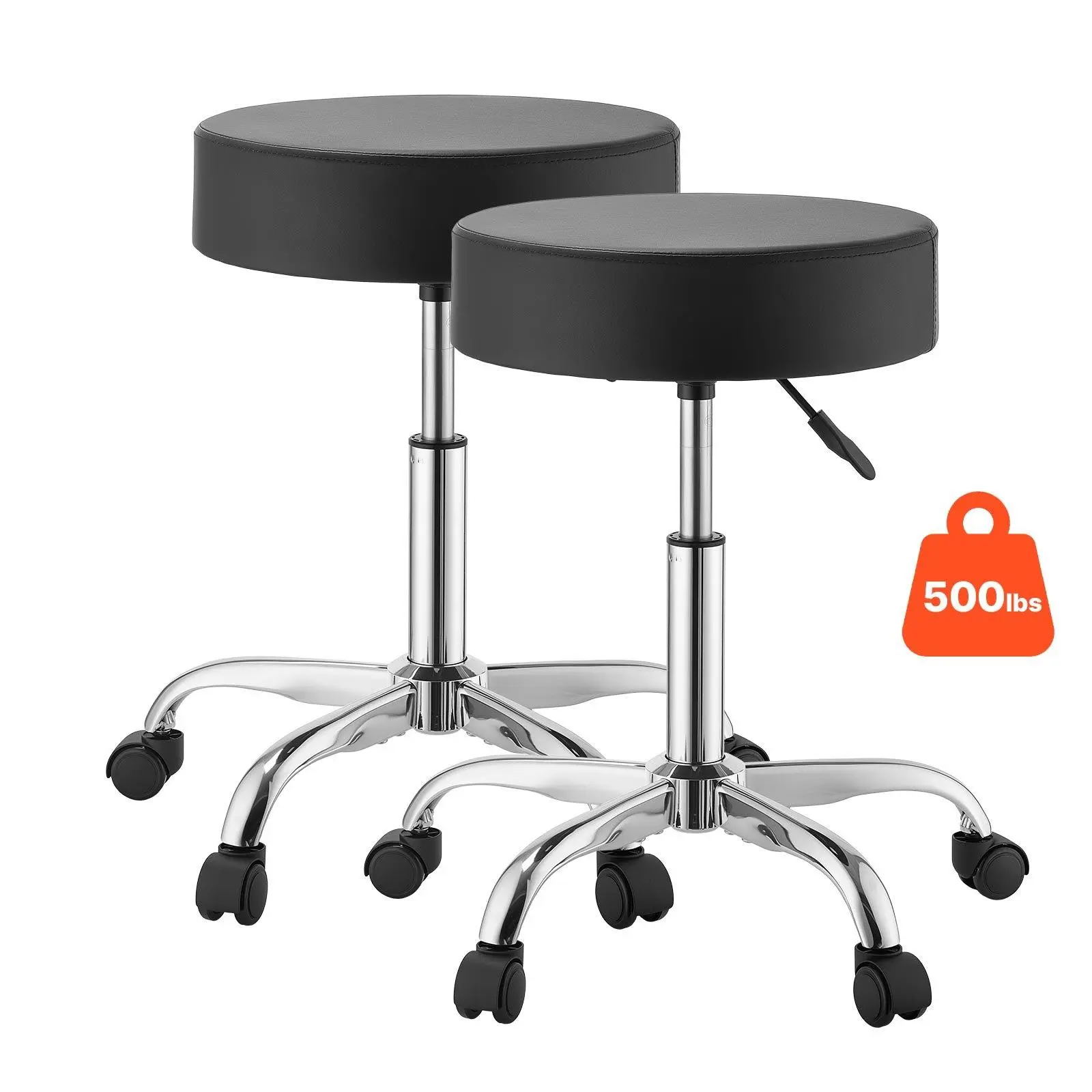 Set of 2 Rolling Stools with Wheels, 500LBS Heavy-Duty Height Adjustable Swivel Stool Chair, Ergonomic Thick Cushion PU Leather Round Rolling Seat, 360° Swivel Easy-Mobility Stool for Salon, Spa, Clinic & Workstation Use