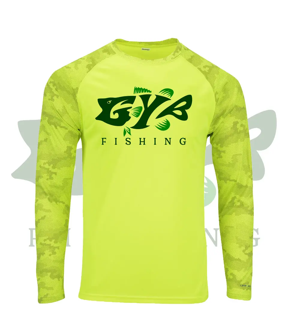 GYB Unisex Fishing Long Sleeve Top - Neon Yellow Camo Block, Odor Control, UPF 50+, Professional Performance Wear for Fishing Sports