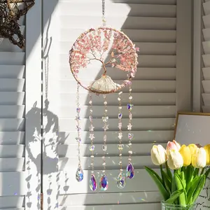 Crystal Chain Design Sun Catcher, Natural Gem Life Tree Hanging Decor, Living Room Bedroom Window Garden Decoration, Creative Gift