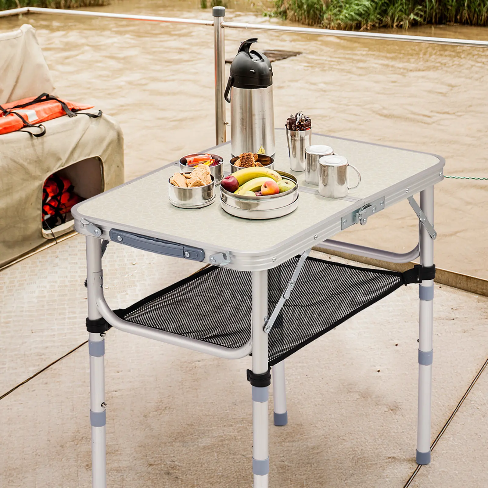 Aluminum Alloy Compact Fold-Up Outdoor Table - 3-Height Adjustable, Durable Sturdy Tabletop, Mesh Net Shelf for Camping, Backyard BBQs, Beach Trips, with Convenience for Outdoor Events