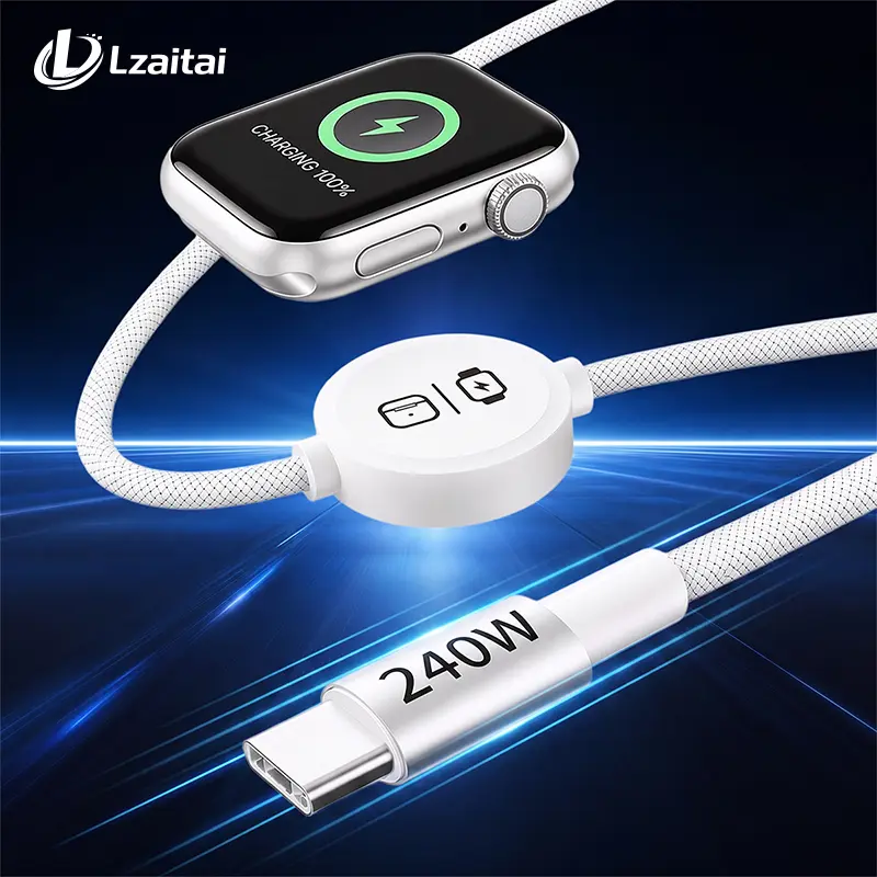 240W 3-in-1 5FT USB-C to USB-C Cable with Built-In Apple Watch Charger, Braided Travel Charging Cord, Compatible with Apple Watch Series/SE/Ultra, AirPods 3/4/Pro/Pro 2, iPhone, iPad, MacBook and Samsung