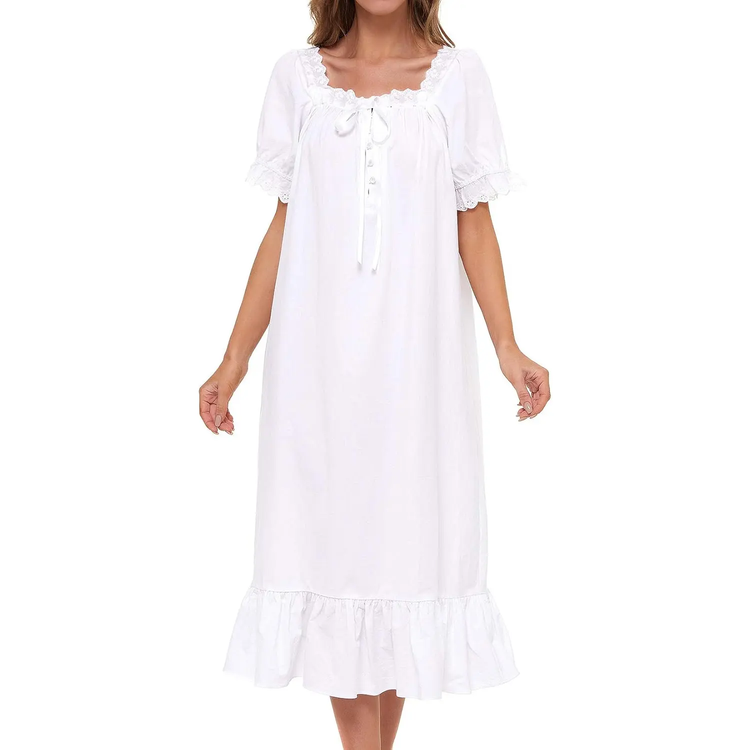 Women's Victorian Nightgown Cotton Sleepwear Long Loungewear Short Sleeve Vintage JinhuanXuan SHOP