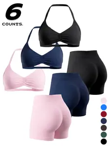 Women's Sporty 6-Piece Set, Seamless Comfortable Backless Sports Bra with Pads, High-Elastic Yoga Shorts, All-Seasons Activewear