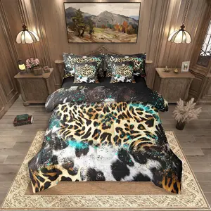 Feelyou 7-Piece Aztec Leopard Animal Print Bedding Set - Rustic Tribal Cheetah Western Teal Blue Brown Lightweight Comforter Bed-in-a-Bag, Machine Washable Multi-Size for Men