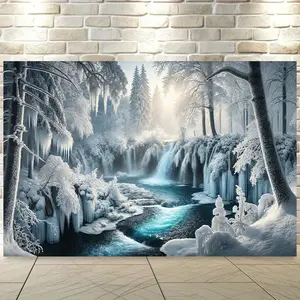 1pc Frozen Waterfall Forest Polyester Wall Tapestry - 8x6ft Winter Landscape Backdrop with Snowy Trees & Icy Blue Waters, Perfect for Living Room, Bedroom, Office Decor, Parties & Holiday Gifts, Winter Wonderland Backdrop